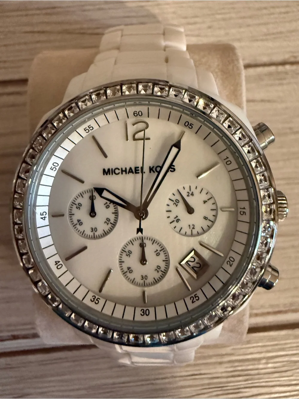 Michael Kors White and Silver Crystal-Trim Women's Chronograph Watch